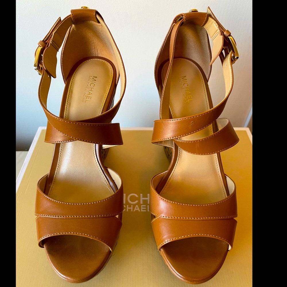 Michael Kors Cognac Leather Strappy Wedge Sandals
